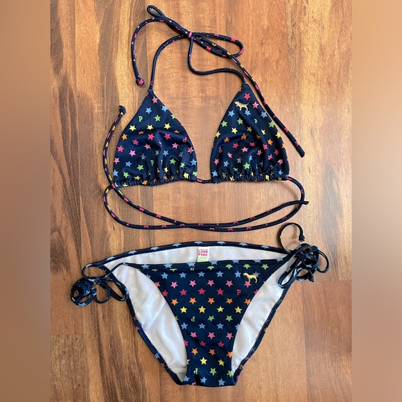 VS PINK navy with multicolor stars string bikini - Picture 1 of 1
